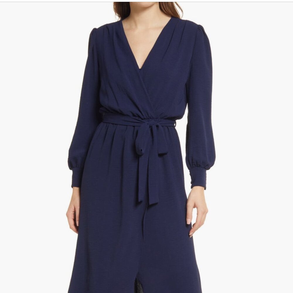 Franchie J High Low Faux Wrap Dress - Size Small - Navy